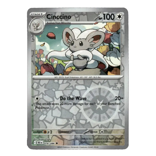 A single Pokémon trading card for Cincino, shown against a plain white background. The card has a silver-gray border and features artwork of a small gray mouse with white fur standing in a field of flowers.