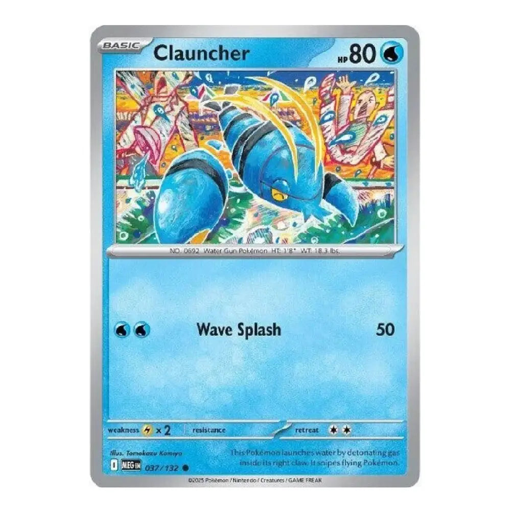 A single Pokémon trading card for the character Clauncher from the Silver Temecula Arena expansion, featuring a blue water-droplet illustration on a light blue card face with a silver border.