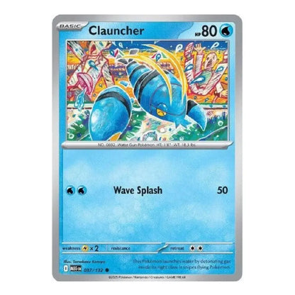 A single Pokémon trading card for the character Clauncher from the Silver Temecula Arena expansion, featuring a blue water-droplet illustration on a light blue card face with a silver border.
