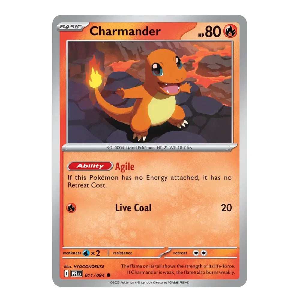A Charmander Pokémon trading card from the Basic set, featuring the orange and yellow fire-type creature on a silver-bordered card with orange text panels.