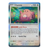 A single Pokémon trading card for Chansey from the Basic set, shown against a plain white background. The card features a blue border, holographic iridescent effects, and artwork of a pink egg-shaped creature with wings.