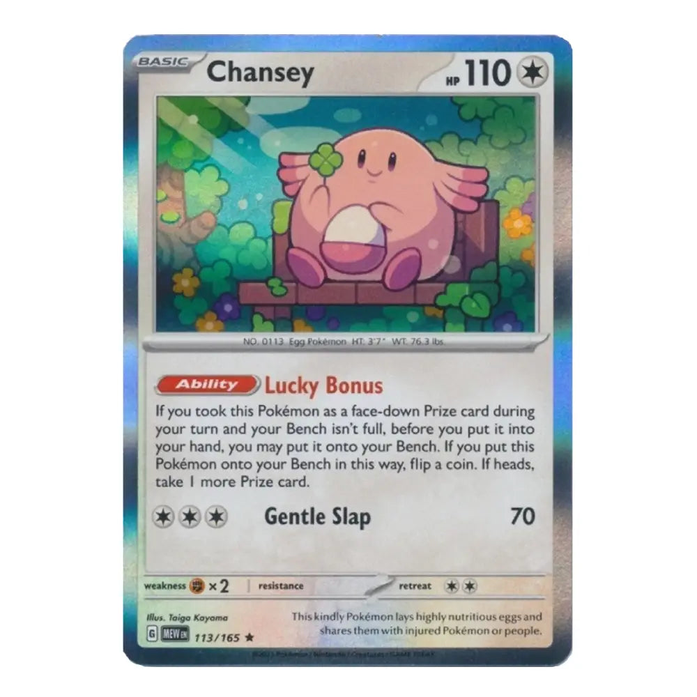 A single Pokémon trading card for Chansey from the Basic set, shown against a plain white background. The card features a blue border, holographic iridescent effects, and artwork of a pink egg-shaped creature with wings.