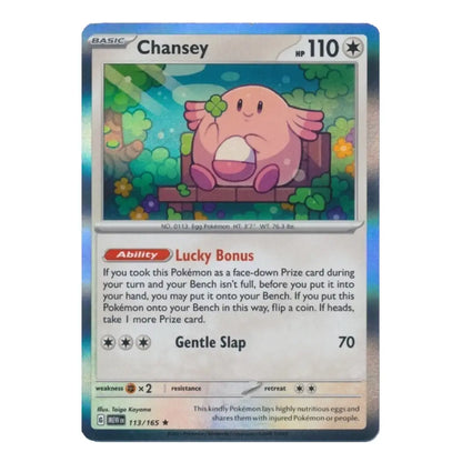 A single Pokémon trading card for Chansey from the Basic set, shown against a plain white background. The card features a blue border, holographic iridescent effects, and artwork of a pink egg-shaped creature with wings.