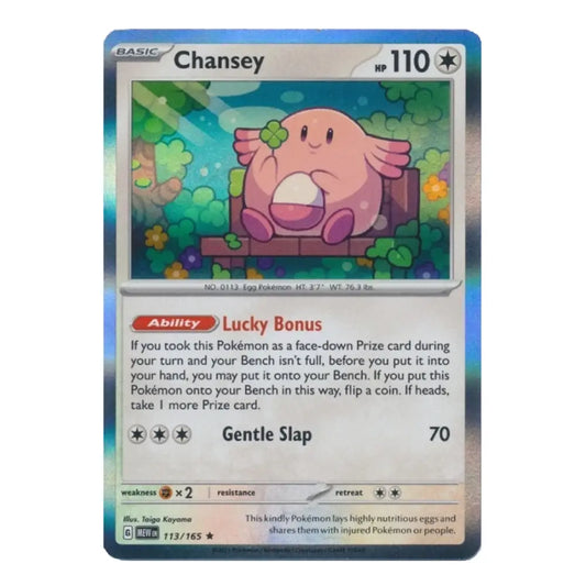 A single Pokémon trading card for Chansey from the Basic set, shown against a plain white background. The card features a blue border, holographic iridescent effects, and artwork of a pink egg-shaped creature with wings.