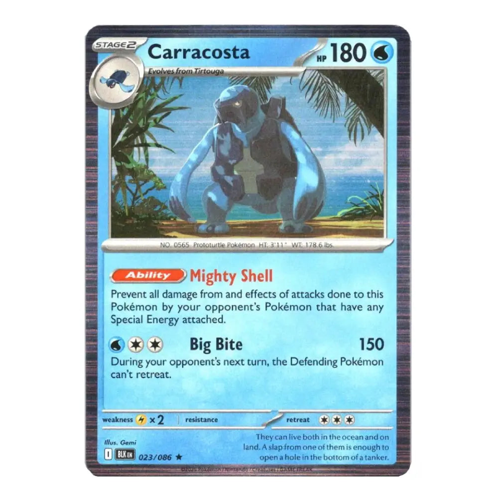 A single Pokémon trading card for Carracosta from the 2023 TCG Reunion expansion, featuring a blue and black border, a central illustration of the blue crab, and card text detailing its 'Mighty Shell' and 'Big Bite' abilities.