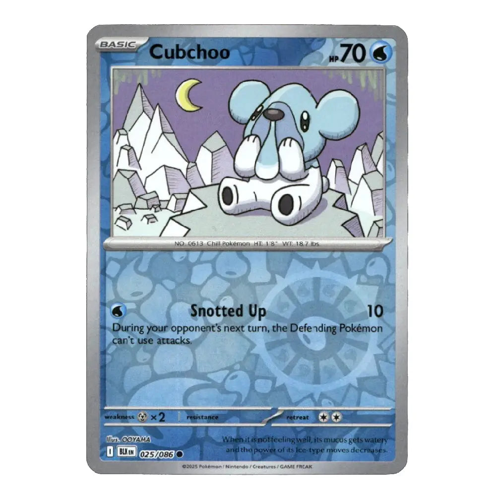 A single Pokémon trading card for Cubchoo from the Basic set, shown against a plain white background. The card has a silver border and blue-toned artwork featuring a light blue cub-like character in a snowy landscape.
