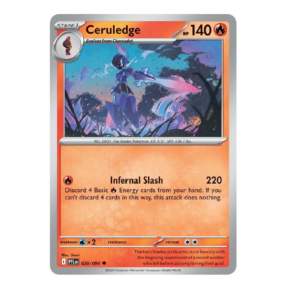 A single Ceruledge Pokémon trading card from the Eevee Evolvement expansion, featuring a silver border, orange text boxes, and a central illustration of a blue-purple character.