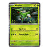 A single Pokémon trading card for Virizion, shown against a plain white background. The card features a bright yellow-green border, artwork of a green dragon-like Pokémon in a forest, and text for Giga Drain and Emerald Blade.