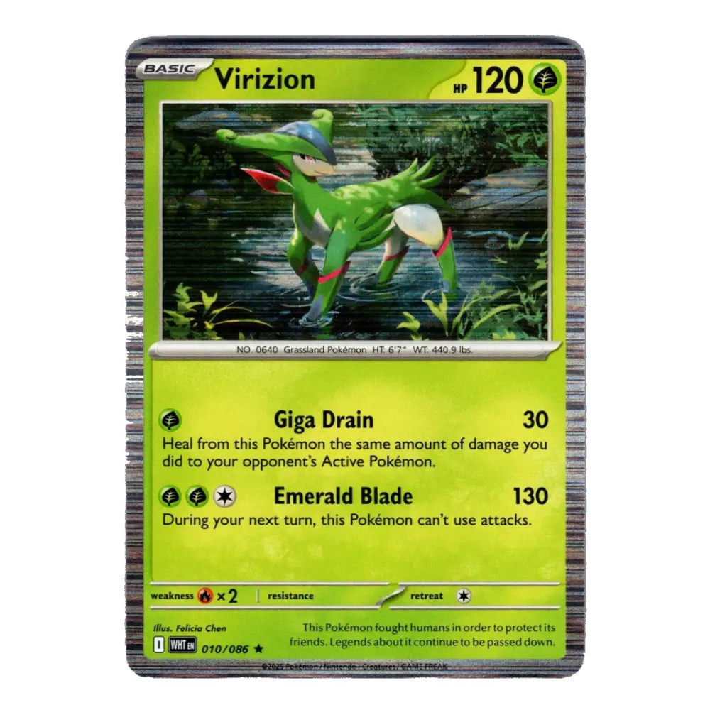 A single Pokémon trading card for Virizion, shown against a plain white background. The card features a bright yellow-green border, artwork of a green dragon-like Pokémon in a forest, and text for Giga Drain and Emerald Blade.