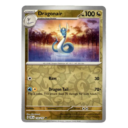 A single Pokémon trading card for Dragonair, shown straight-on against a plain white background. The card has a metallic silver border, gold-toned text and effects, and artwork of a blue-and-white dragon over a sunset landscape.