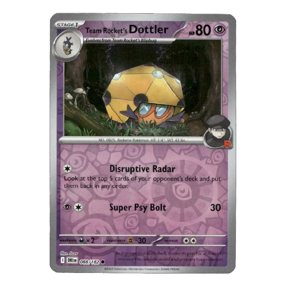 A single Pokémon trading card for Team Rocket's Dottler, shown against a plain white background. The card features a purple and gray design with artwork of the Dottoer character and game text including 'Disruptive Radar' and 'Super Psy Bolt'.
