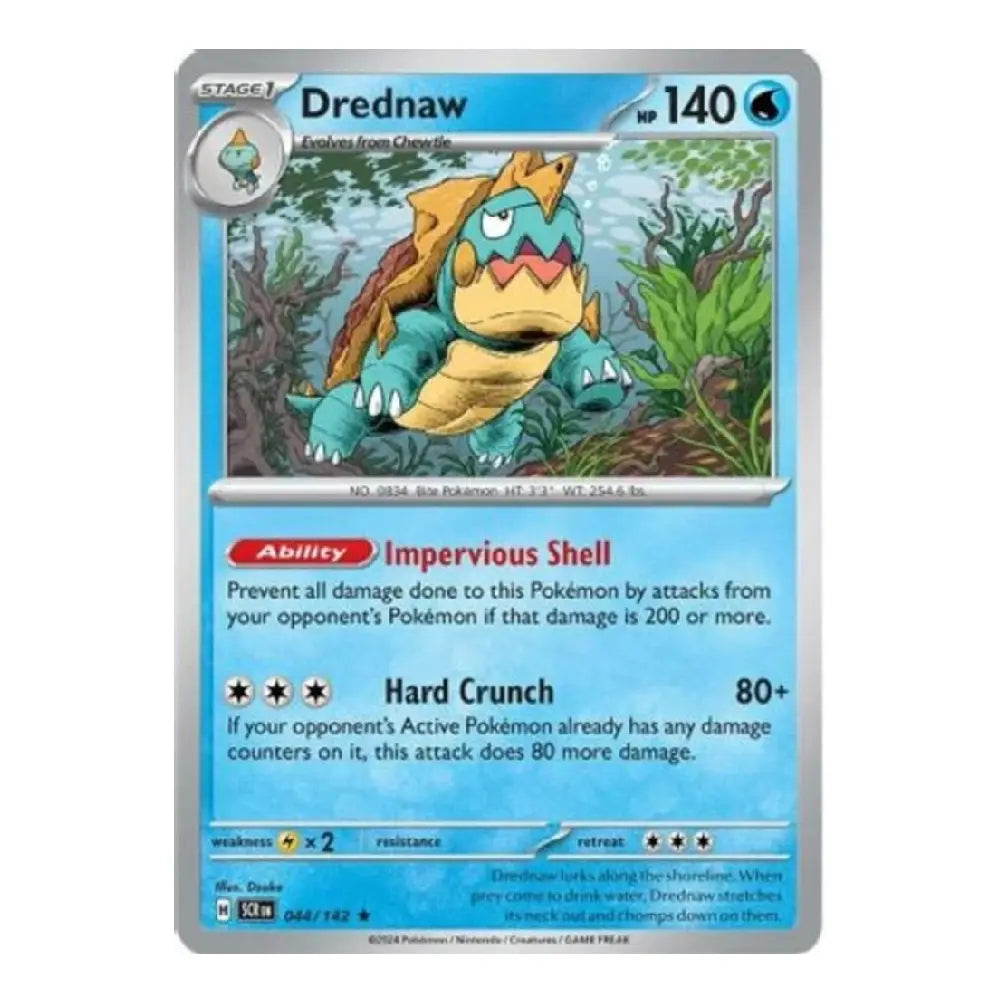 A single Pokémon trading card for Drednaw, shown against a plain white background. The card features artwork of Drednaw in a green forest, with a blue text box and silver border.