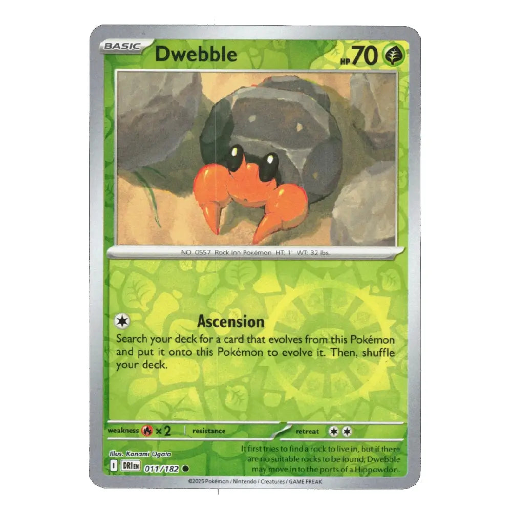A single Pokémon trading card for Dwebble from the Basic set, shown against a plain white background. The card has a green and yellow-green design with an illustration of the orange-and-black Dwebble character in the center.
