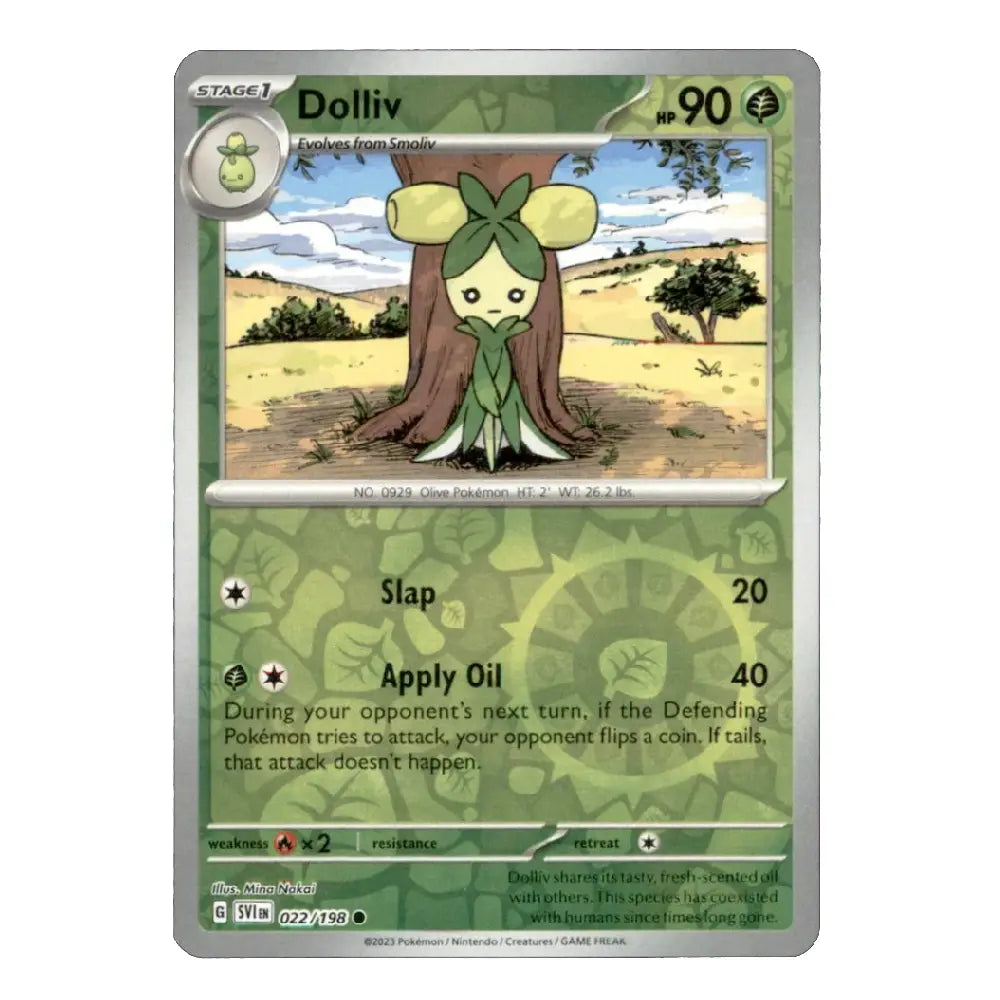 A single Pokémon trading card for Dolliv, shown flat against a plain white background. The card has a green and gray design with an illustration of the Dolliv character in a tree-like form in a desert landscape.