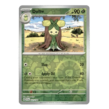 A single Pokémon trading card for Dolliv, shown flat against a plain white background. The card has a green and gray design with an illustration of the Dolliv character in a tree-like form in a desert landscape.