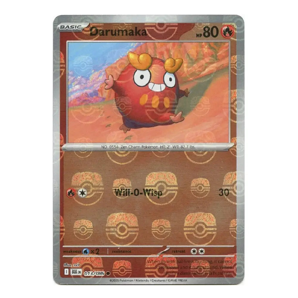 A holographic Pokémon trading card featuring Darumaka, a Basic Series card from the 2024 TCG expansion. The card has a silver holographic border and a brown Pokémon-themed background with a central illustration of the red Darumaka character.