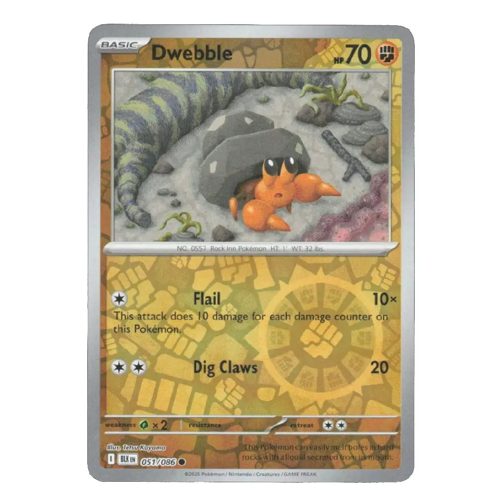 A single Pokémon trading card for Dwebble from the Basic set, shown against a plain white background. The card features artwork of an orange Dwebble under a rock, with a tan and gray game-text area and a silver border.