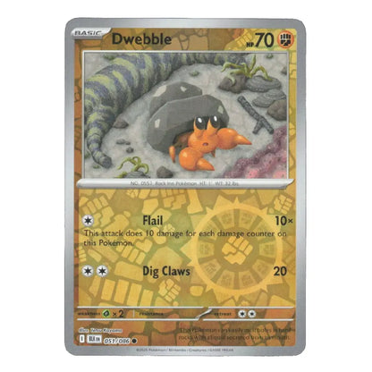 A single Pokémon trading card for Dwebble from the Basic set, shown against a plain white background. The card features artwork of an orange Dwebble under a rock, with a tan and gray game-text area and a silver border.