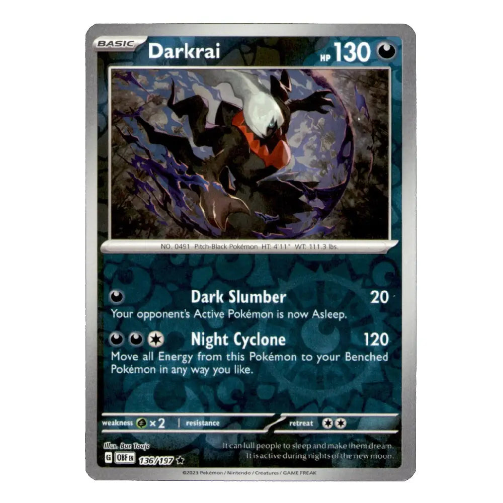 A single Pokémon trading card for Darkrai from the Basic set, shown against a plain white background. The card features artwork of the creature in a dark, moonlit scene with purple shadows, and text detailing its dark slumber and night cyclone abilities.