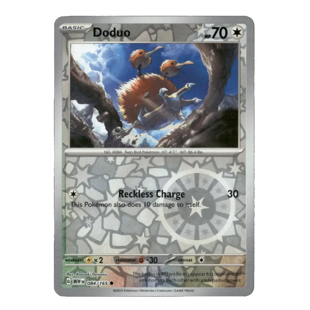 A single Pokémon trading card for Doduo from the Basic set, shown against a plain white background. The card features artwork of two orange-brown flying creatures, a gray stone-textured lower half, and printed text including 'Doduo', 'BASIC', '70', and 'Reckless Charge'.