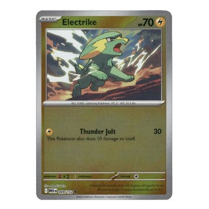 A single Pokémon trading card for Electrike from the Basic set, shown against a plain white background. The card features artwork of the character Electrike in green and yellow, with a gold-brown gradient background and silver border.