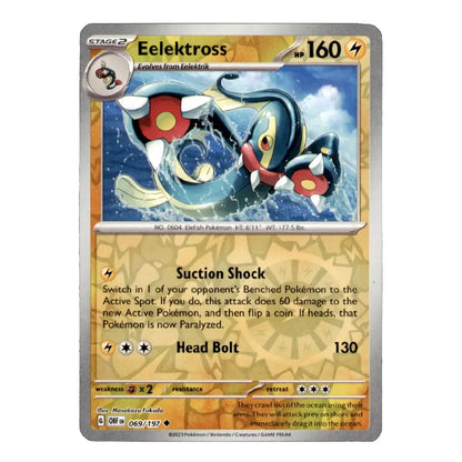 A single Pokémon trading card for Eelektross, shown straight-on against a plain white background. The card has a gold and beige layout with artwork of the Pokémon in blue water and silver border details.