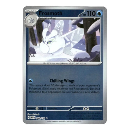 A single Pokémon trading card for Frosmoth, shown against a plain white background. The card has a silver border and a blue-gray lower section with the card name, type, power, and description printed on it.