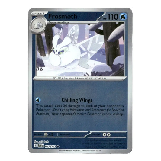 A single Pokémon trading card for Frosmoth, shown against a plain white background. The card has a silver border and a blue-gray lower section with the card name, type, power, and description printed on it.