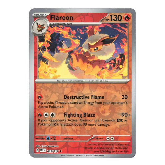 A single Pokémon trading card featuring Flareon, shown straight-on against a plain white background. The card has a silver border, red-orange artwork with flames, and visible Pokémon/Nintendo/Game Freaks branding at the bottom.