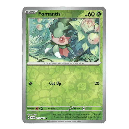 A single Pokémon trading card for Fomantis from the Basic set, featuring green artwork of the character among flowers, with a silver border and printed stats on a white background.