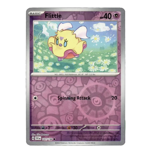 A single Pokémon trading card for Flittle from the Basic set, shown against a plain white background. The card has a purple border, illustrated artwork of a yellow winged creature in a flower field, and printed text including 'BASIC', 'Flittle', and 'Spinning Attack'.