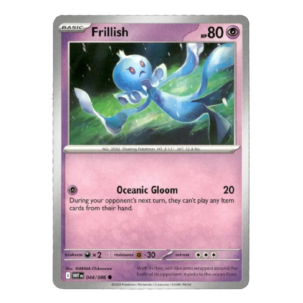 A single Pokémon trading card for Frillish from the Basic set, featuring artwork of a blue frilly creature on a pink background with the card text 'Oceanic Gloom' and a silver border.