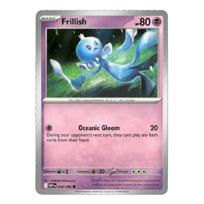 A single Pokémon trading card for Frillish from the Basic set, featuring artwork of a blue frilly creature on a pink background with the card text 'Oceanic Gloom' and a silver border.