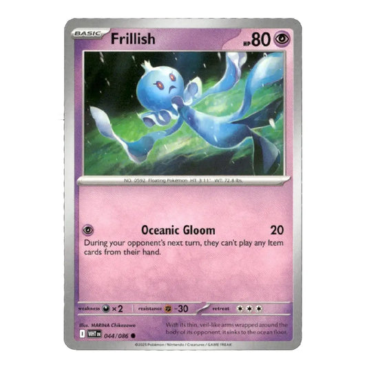 A single Pokémon trading card for Frillish from the Basic set, featuring artwork of a blue frilly creature on a pink background with the card text 'Oceanic Gloom' and a silver border.
