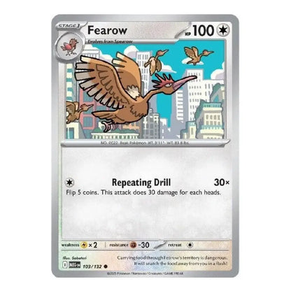 A single Pokémon trading card for Fearow, shown flat against a plain white background. The card features artwork of a brown bird with wings spread, a cityscape illustration, and game text including 'Repeating Drill' and HP 100.