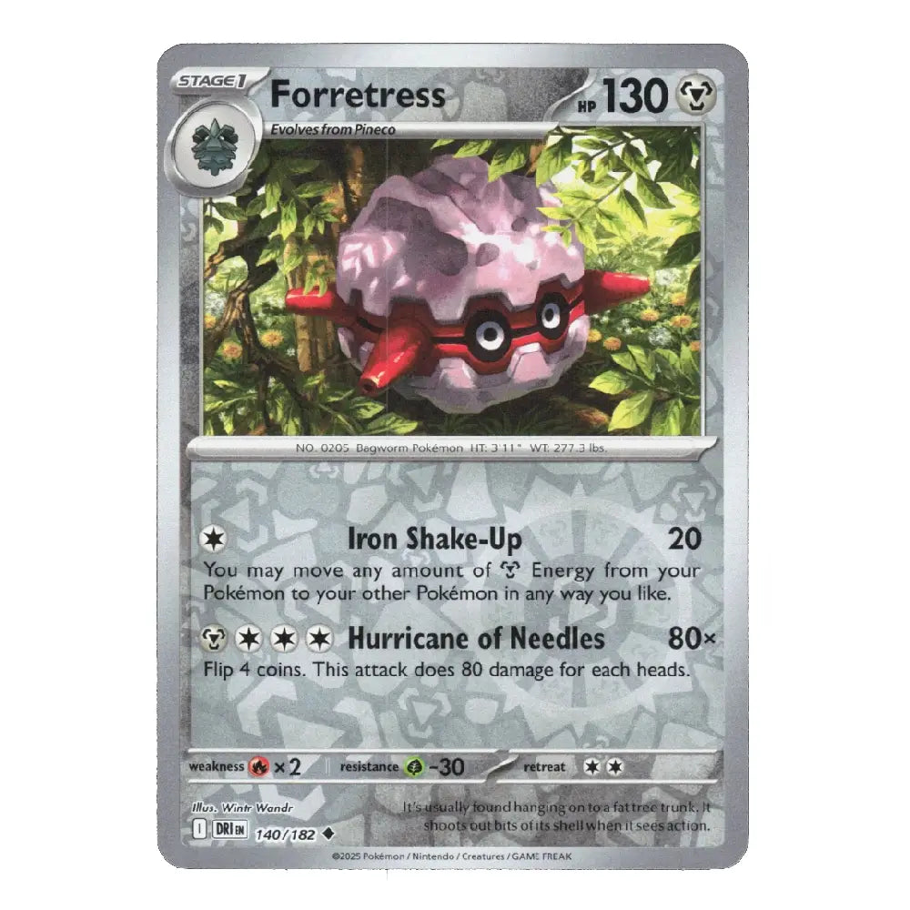 A single Pokémon trading card for Forretress, shown straight-on against a plain white background. The card has a silver-gray border, green and black status icons, and artwork of a pinkish-purple spider-like Pokémon in foliage.
