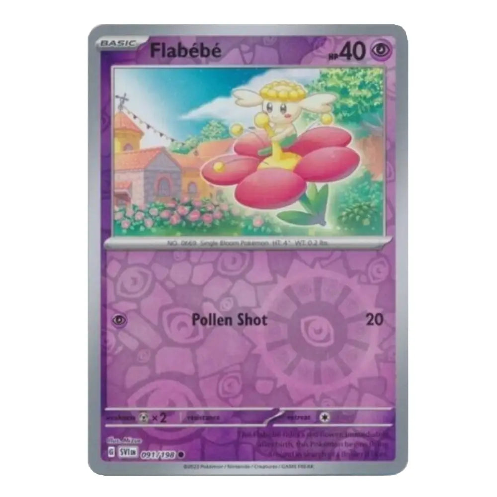 A single Pokémon trading card featuring Flabbé from the Basic set, with a purple card frame and an illustration of the flower fairy in the center.