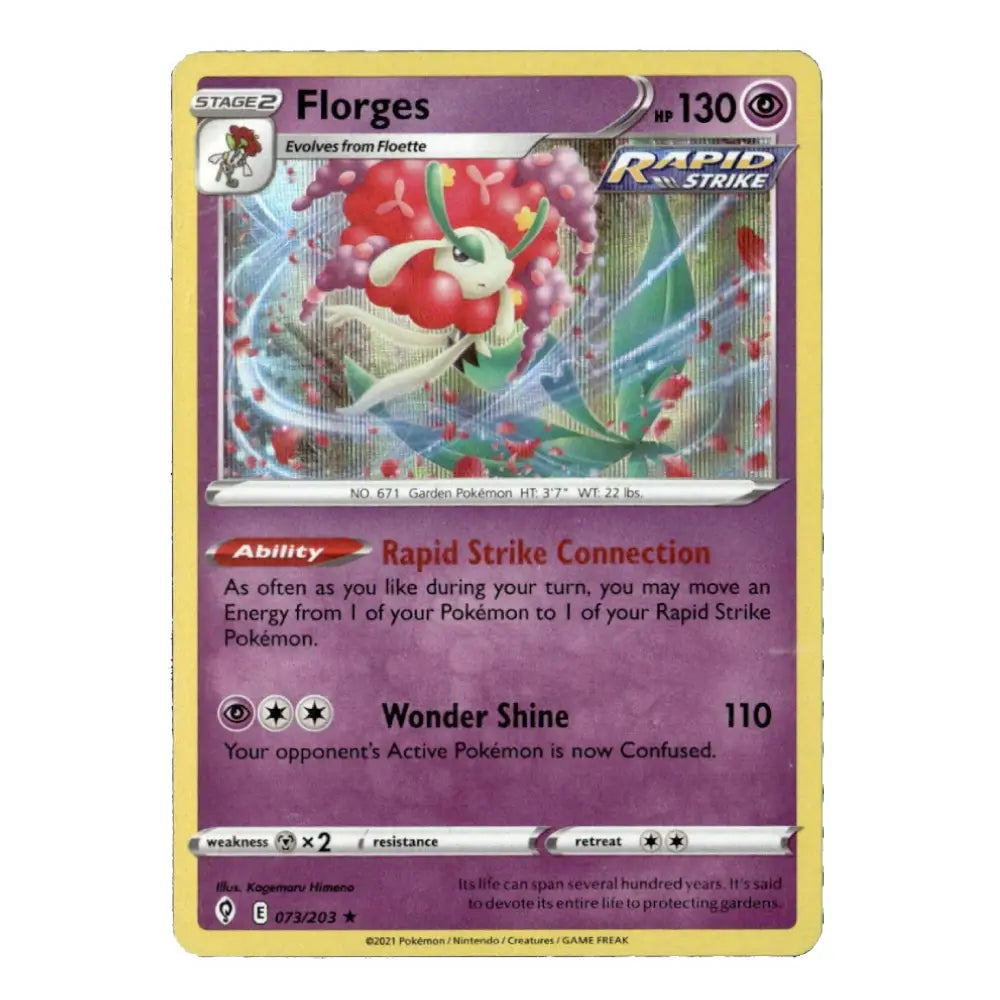 A single Pokémon trading card for Florges from the Garden Pokémon TCG, featuring a purple card frame, illustrated artwork of a red-and-white flower creature, and trading card text details.