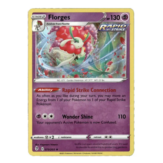 A single Pokémon trading card for Florges from the Garden Pokémon TCG, featuring a purple card frame, illustrated artwork of a red-and-white flower creature, and trading card text details.