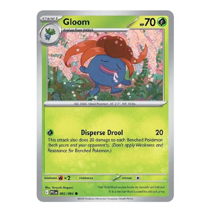 A single Pokémon trading card for Gloom from the Eevee expansion, featuring a green and yellow gradient card face with artwork of a blue flower with orange-brown leaves. The card is shown on a plain white background.