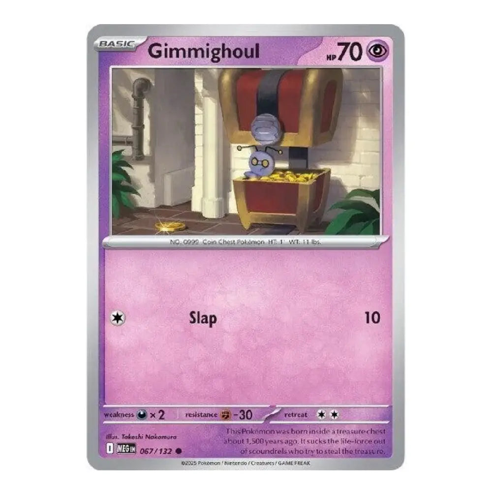 A single Pokémon trading card for Gimmighoul from the Basic set, shown against a plain white background. The card has a silver border, a purple header, and a pink lower section with the character name Gimmighoul, HP 70, and the Slap move.