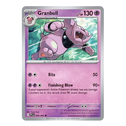 A single Pokémon trading card for Granbull, shown flat against a plain white background. The card has a silver border, pink and purple game info panels, and artwork of the Granbull in the center.