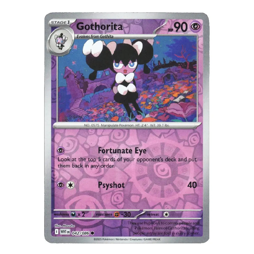 A Pokémon trading card for Gothorita, featuring a purple and pink card face with character artwork, type and level details, and a silver border on a plain white background.