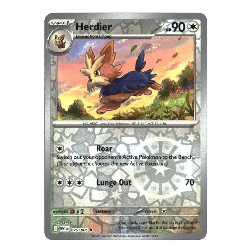 A single Pokémon trading card for Herdier from the XY Evolutions set, featuring artwork of the fox-type Pokémon leaping outdoors, with card text and silver border visible on a plain white background.