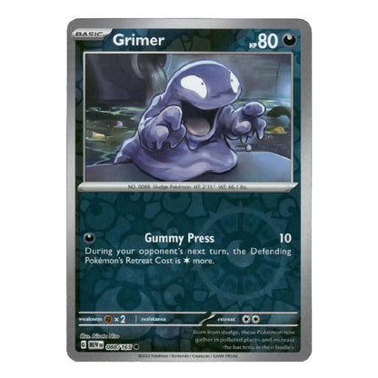 A single Pokémon trading card for Grimer from the Basic set, shown against a plain white background. The card features a dark teal patterned background, a central illustration of the purple Grimer character, and game text including 'Gummy Press' and '10'.