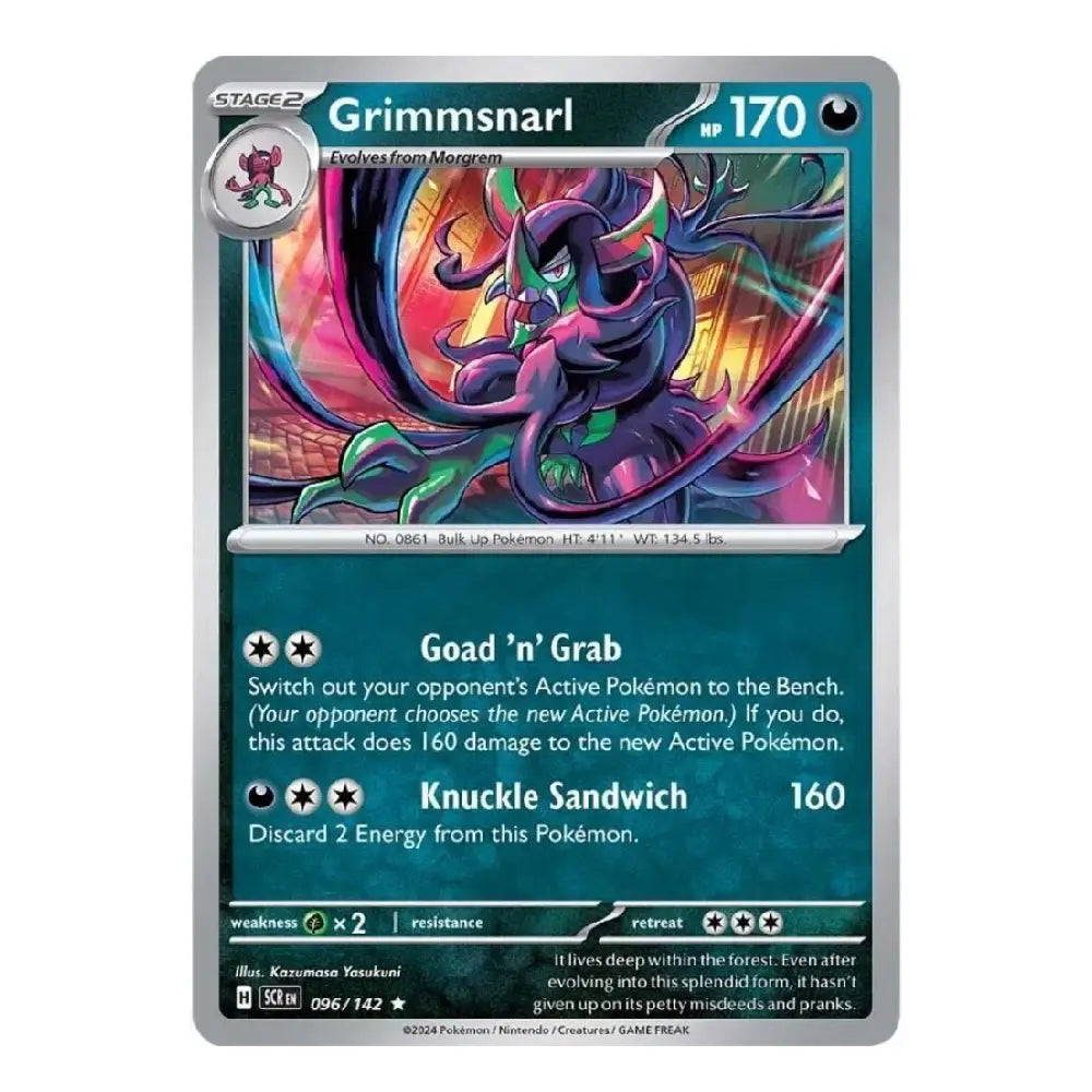 A single Pokémon trading card for Grimmsnarl from the 2024 Eevee expansion, featuring colorful artwork of the character on a teal and gray card face.