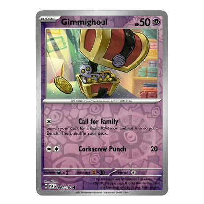 A single Pokémon trading card for Gimmighoul from the Basic set, shown against a plain white background. The card has a silver border and a purple-toned frame with illustrated artwork of a ghostly figure in a treasure chest.