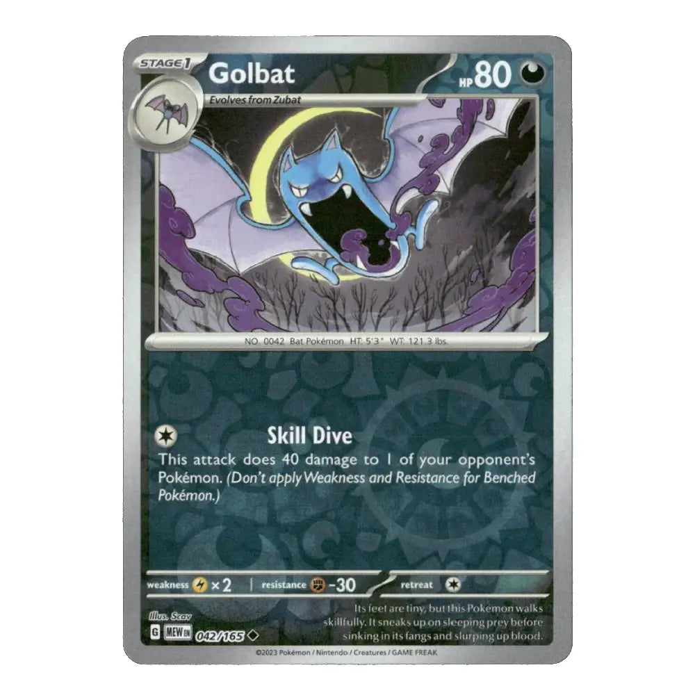 A single Pokémon trading card for Golbat, shown straight-on against a plain white background. The card features artwork of a blue Golbat with purple wings and a dark gray/black body, with the text 'Golbat' and 'hp 80' visible.