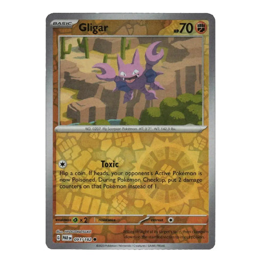 A single Pokémon trading card for Gligar from the Basic set, shown against a plain white background. The card features a purple Gligar character illustration over a yellow-brown mechanical terrain graphic, with the name Gligar and level 70 printed on the card.