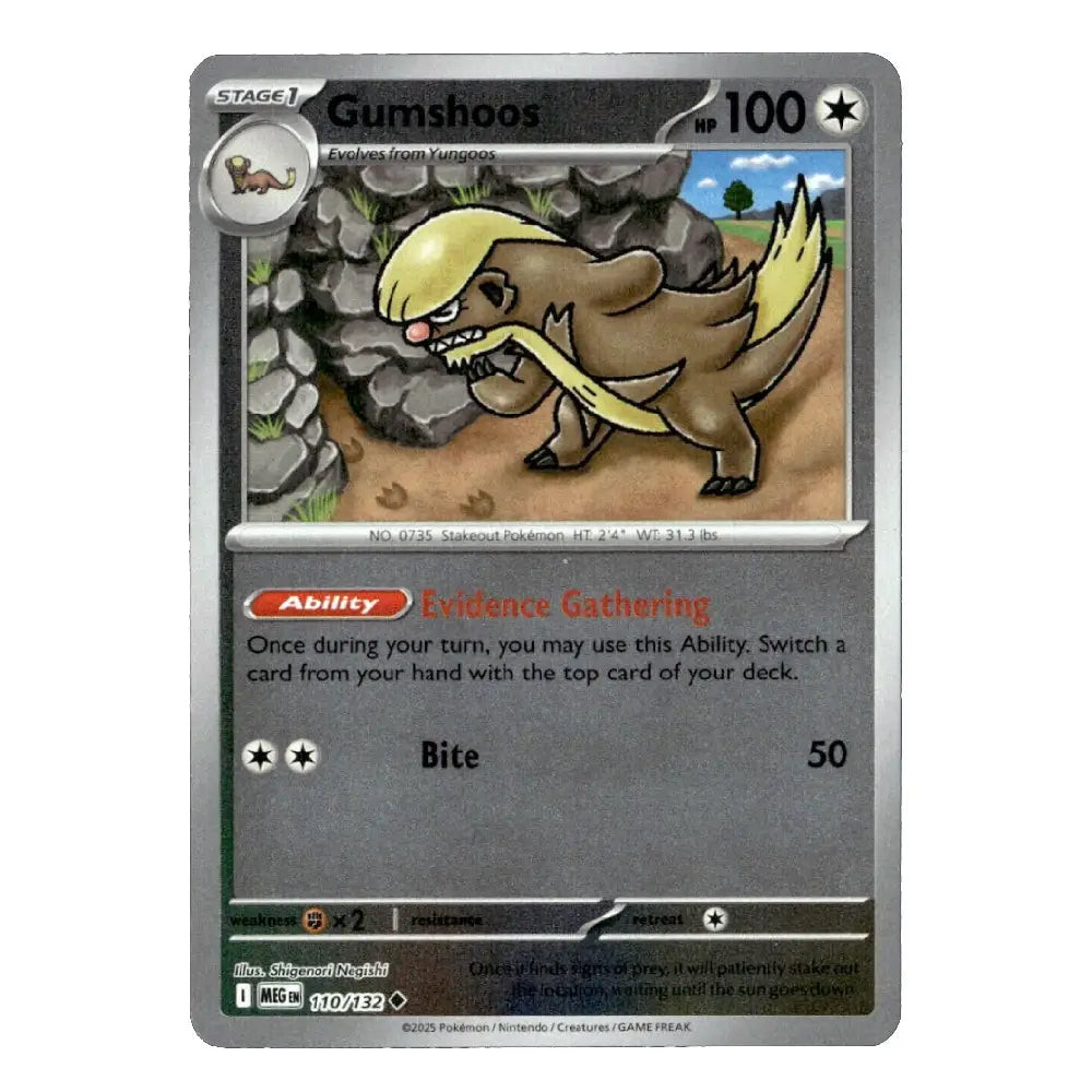 A single Pokémon trading card for Gumshoos from the 1st Edition MEGA TCG, featuring a gray border and detailed character artwork.